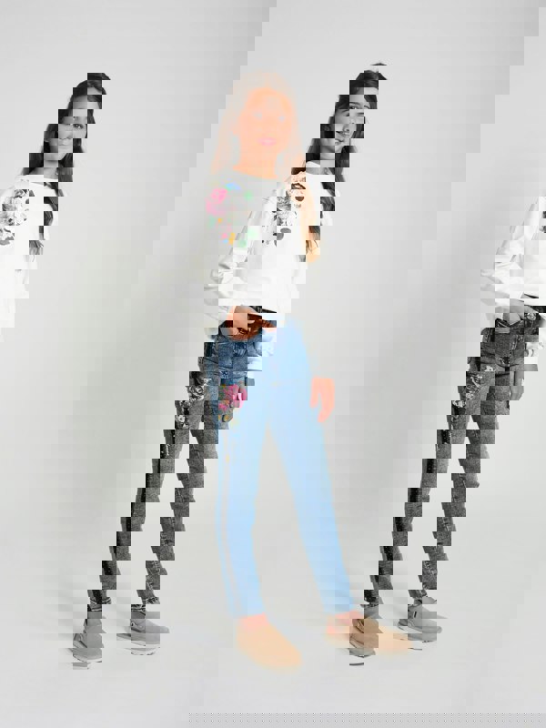 Monnalisa Girls Embroidered Denim Stretch Jeans in Blue