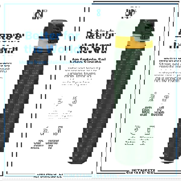 A stainless steel water bottle sits against a white background. It's dark green with a yellow band and "PACKERS" and "GO PACK GO" repeated on its surface. The bottle is described as durable, recyclable, and dishwasher safe.