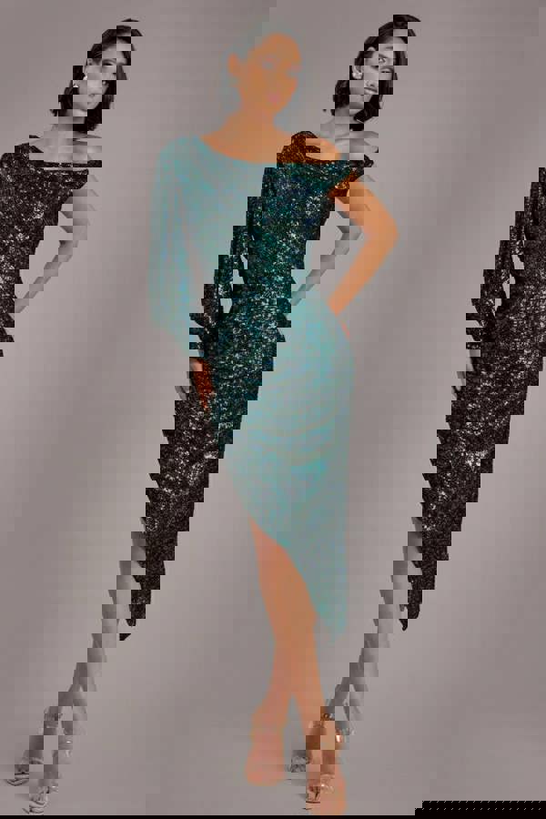 One Shoulder Asymmetric Midi Dress - Emerald Green DR3702