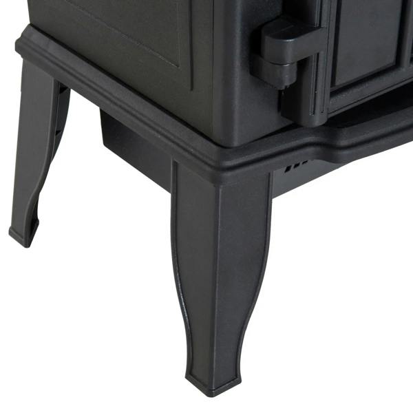 Black electric fireplace stove leg and base corner detail.