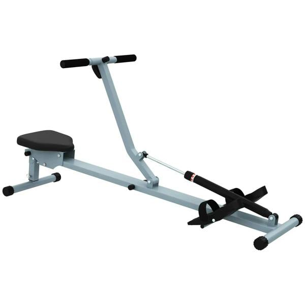 Grey and black rowing machine with padded seat, handlebars, and foot pedals for home workouts