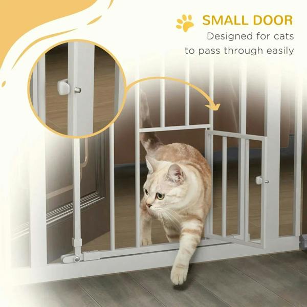 White pet gate with small cat door in lower panel; cat approaches