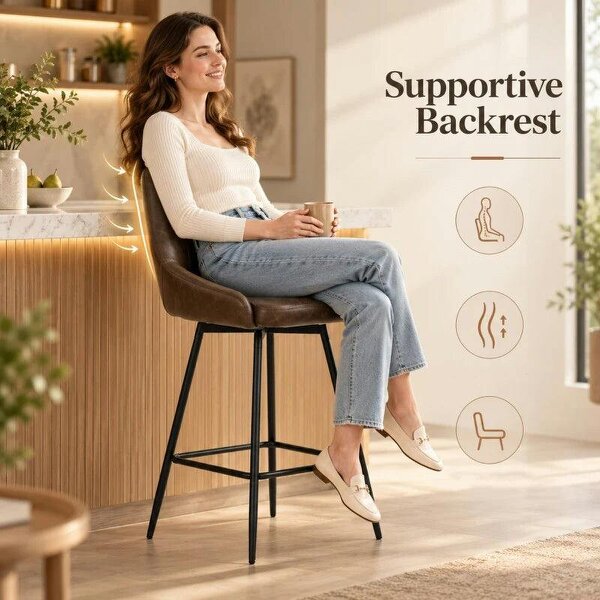 Bar Stools Set of 2, Swivel Counter Height Barstools with PU Leather, for Kitchen Island, Dining Room, Dark Brown