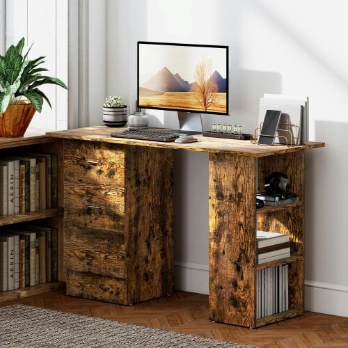 Wyld Haus Lomoto 120cm Rustic Brown Home Office Desk With 3 Shelves And 3 Drawers
