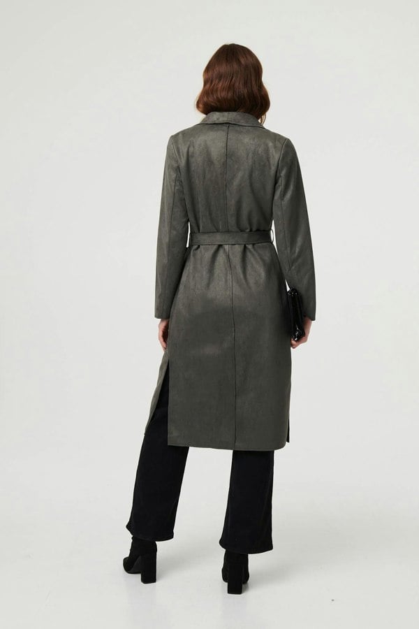 Olive | Suedette Tie Waist Longline Trench Coat
