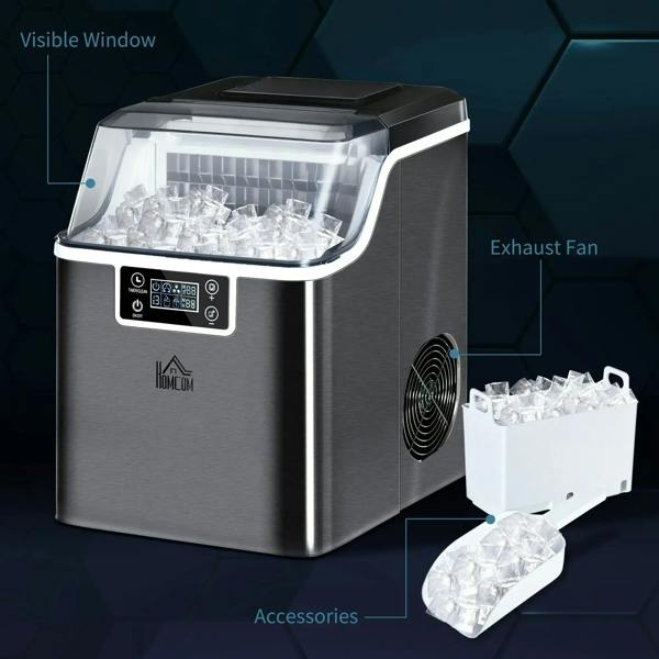 Black compact ice machine with visible ice tray through front window and accessories