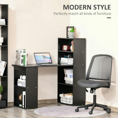 Wyld Haus Elni 120cm Wooden Black Study Desk With 6 Tier Bookshelf Storage