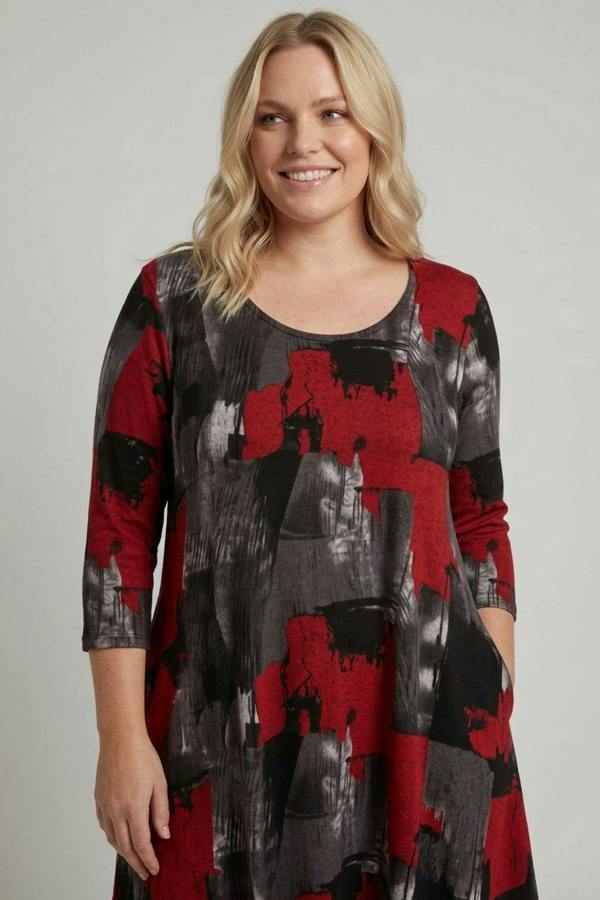Red | Curve Abstract 3/4 Sleeve Midi Dress