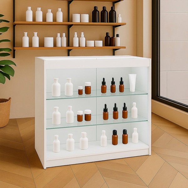 LED retail shop counter K900 in white, featuring glass shelves displaying various brown and white cosmetic bottles in a modern interior setting