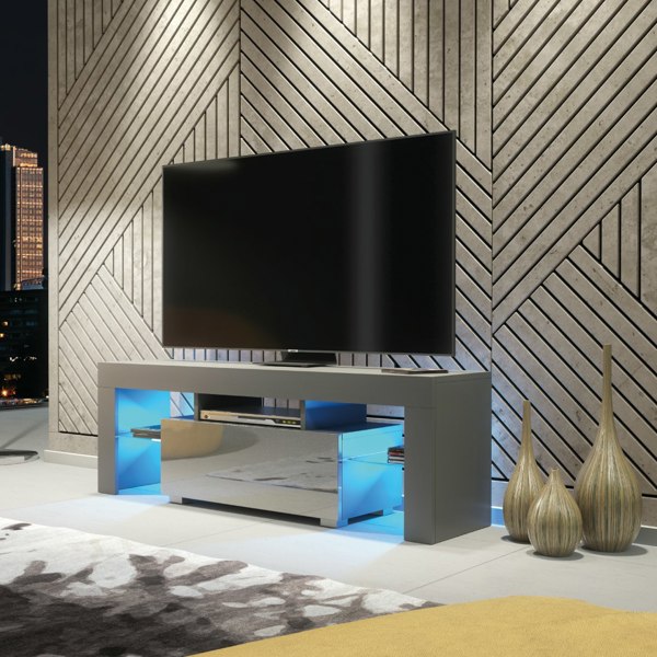 Mex Furniture 130cm TV Unit Cabinet Stand with Grey High Gloss Doors and Free LED Lights