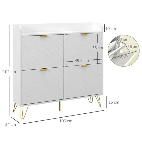 White shoe cabinet with four flip drawers and gold hairpin legs