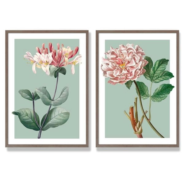 Sage Green Geometric Pineapple Fruit Set of 2 Art Prints with Walnut Frame