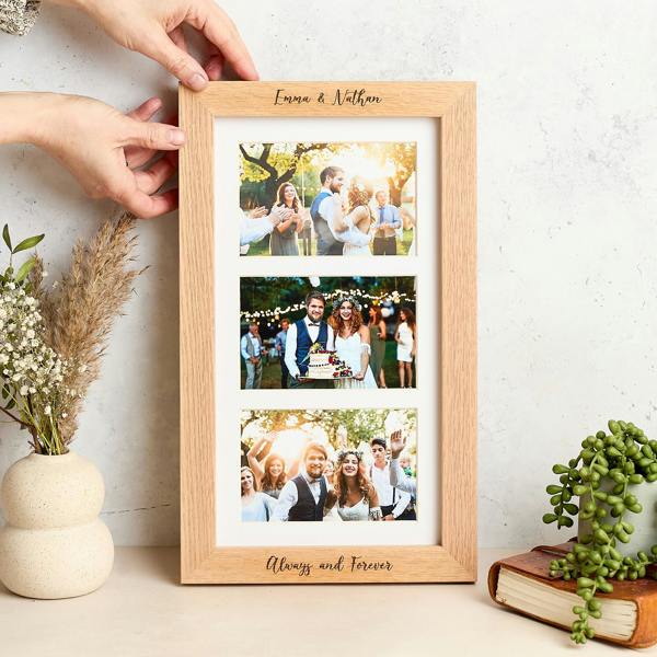 MijMoj Design Personalised Solid Oak Triple Picture Frame with Mount - For 6x4" Photos, Natural Finish
