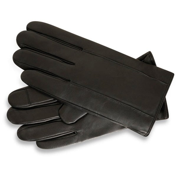 This image displayus a pair of men's leather gloves. They are black in colour and do not feature any patterns or hardware.