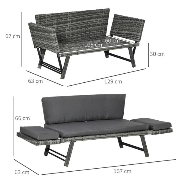 Grey rattan daybed sofa with cushions and folding frame, dimensions shown