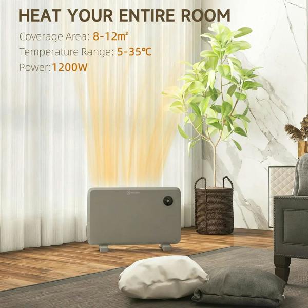 Grey electric convector heater on the floor in a living room setting