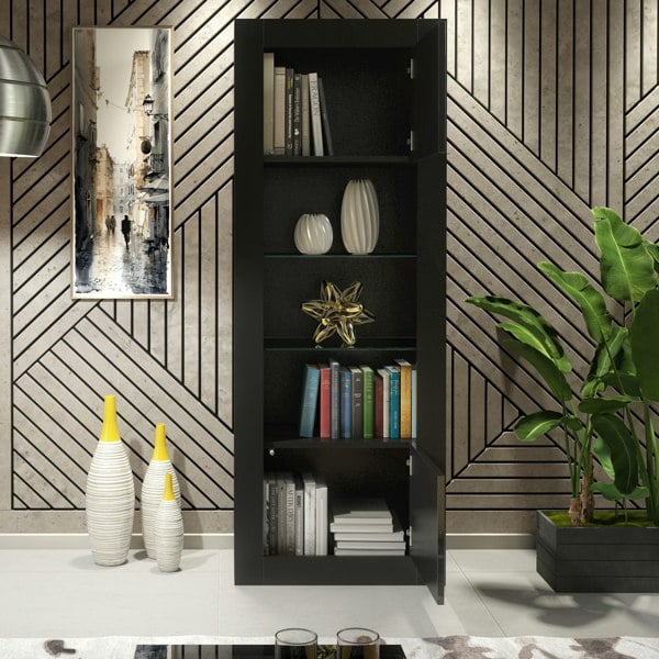 Mex Furniture Modern Display Cabinet 170cm – Black Body & Black Gloss Doors