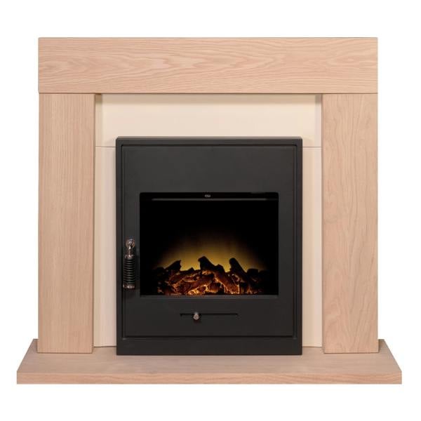 Adam Malmo Fireplace in Oak & Cream with Oslo Electric Inset Stove in Black, 39 Inch