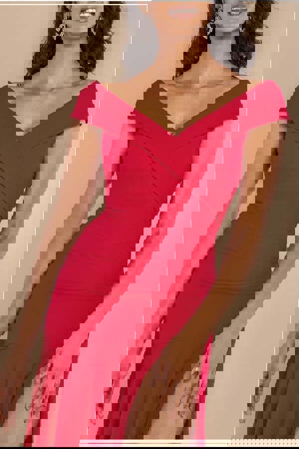 Scuba Crepe Off Shoulder Front Split Maxi Dress - Red DR2930SC