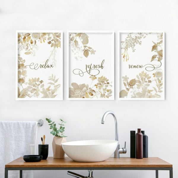 Bathroom pictures framed | Set of 3 Botanical Gold wall art prints