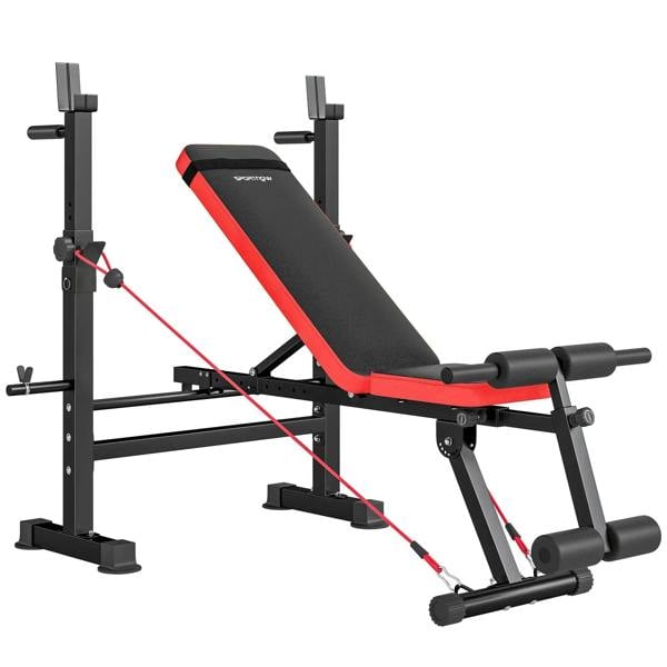 Black adjustable weight bench with squat rack, red-trim padded incline pad