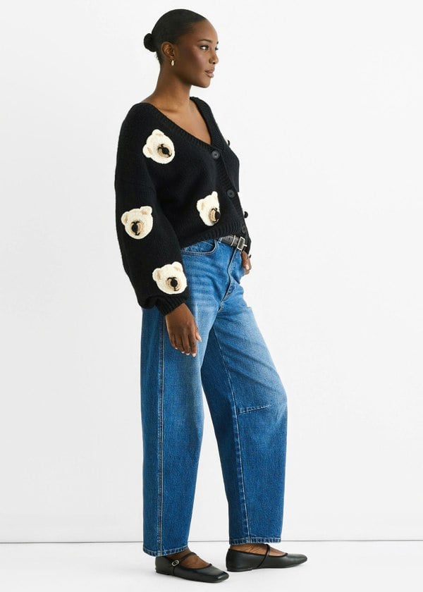 Gini London Black 3D Contrast Teddy Crochet Cardigan