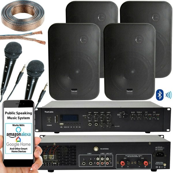 400W Bluetooth Sound System 4x Black Wall Speakers School Hall Voice & Music Kit