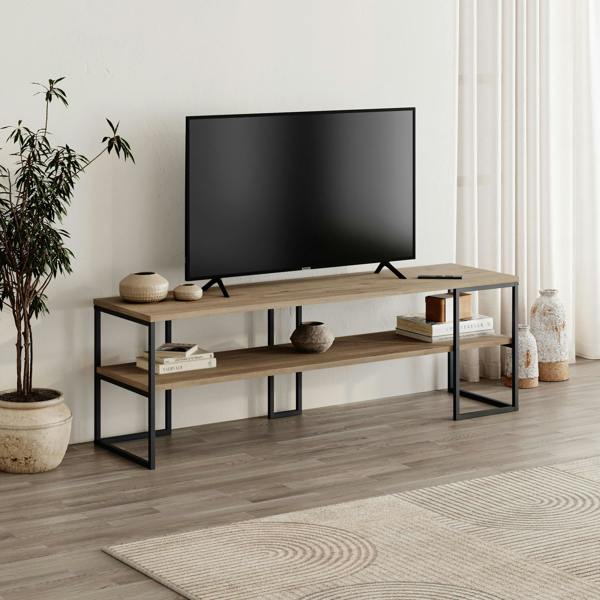 Decortie Modern TV Unit 140cm Open Shelf Design w/Plywood Edge, Black Metal Frames TV Stand up to 55' TVs Living Room