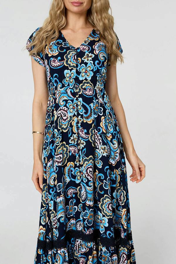 Blue | Floral Lace Trim Cap Sleeved Maxi Dress