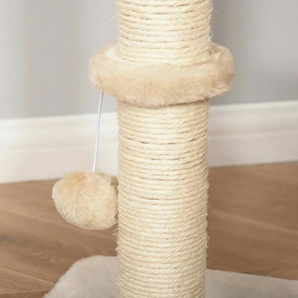 Beige sisal scratching post with hanging pom-pom ball on cat tree