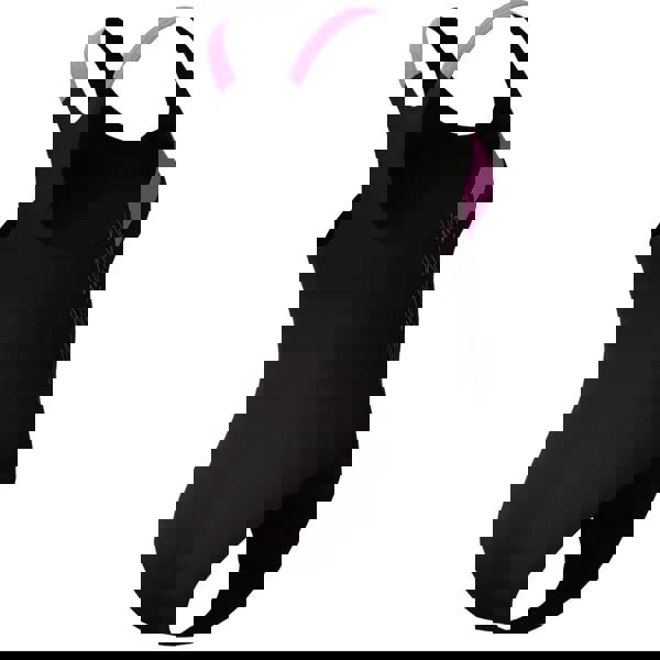 Speedo HyberBoom Splice Racerback swimsuit in black and purple with back text