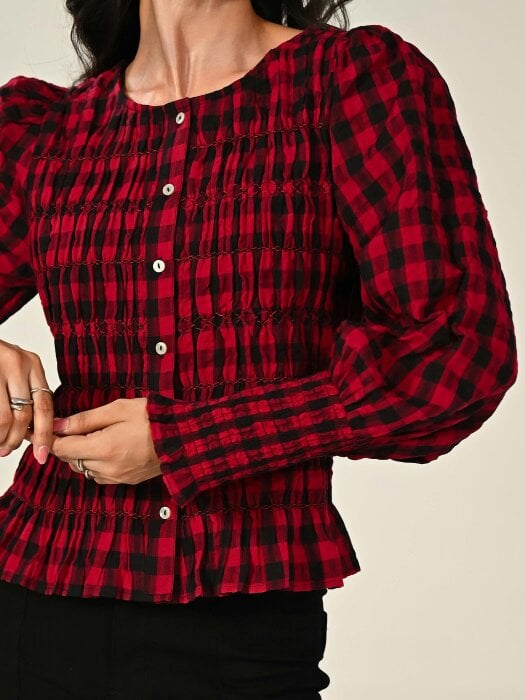 Rose & Nancy Mary Red Cotton Check Smocked Shirt