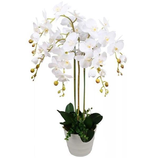 Leaf 85cm Artificial Deluxe Bush Orchid - White Flowers White Pot