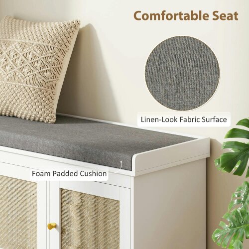 Wyld Haus Wooden White Shoe Bench With 3 Woven Rattan Doors And Grey Padded Seat