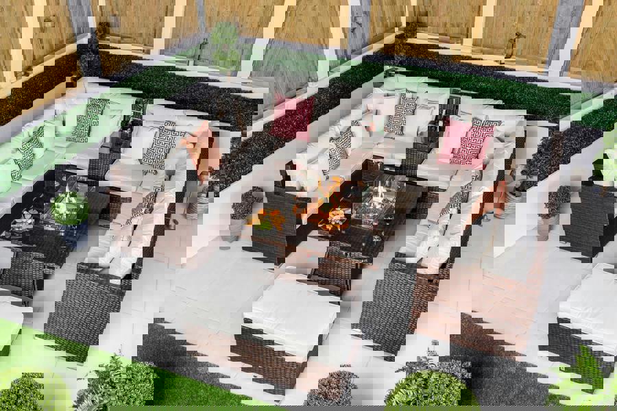 Giardino Havana 8 Seat Modular Sofa Rattan Garden Furniture Set Outdoor Drinks Cooler & Fire Pit Coffee Table, Bench