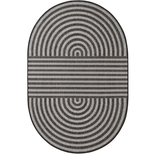 Oval-shaped rug with concentric circle pattern on a white background