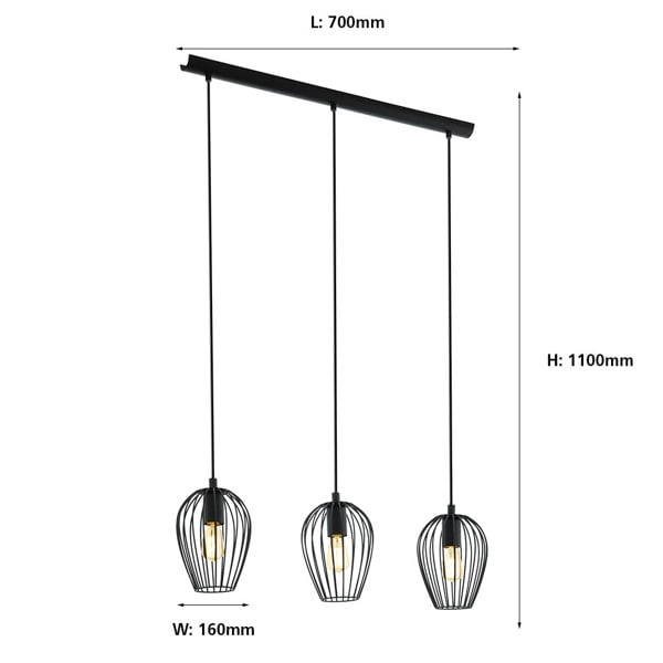 EGLO Newtown Vintage 3-Light Pendant With Black Caged Shades
