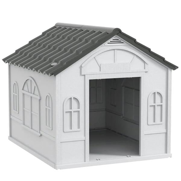 Grey plastic dog house with arched front entry and raised roof panels