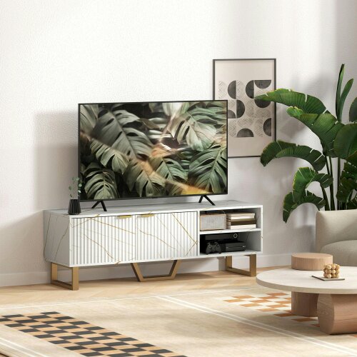 Wyld Haus Veriri 140cm White Marble and Gold Effect TV Unit With Fluted Doors For Screens Up To 70 Inches
