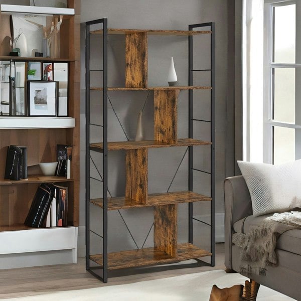 Rafaelo Mobilia Industrial 5 Tier Rustic Brown Bookcase Zig Zag