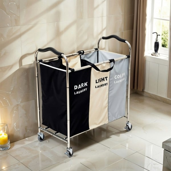 Living and Home 240L 3-Section Laundry Basket Detachable Metal Frames with Wheels