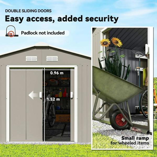 Light grey shed with double sliding doors, vent panels, and small ramp