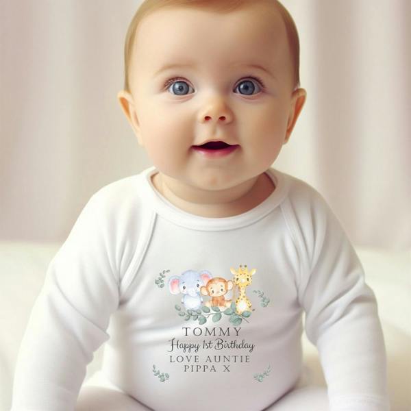 Personalised Boys Safari Animals Baby Grow, Vest or Bib with Name
