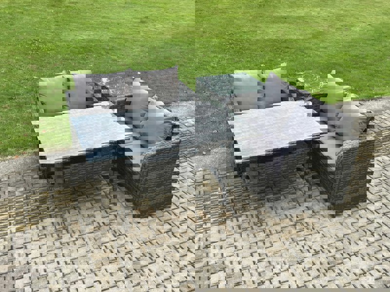 Fimous 4 Seater Rattan Outdoor Garden Furniture Set Rectangular Dining Table and Loveseat Sofa Set With Side Table Dark Grey Mixed