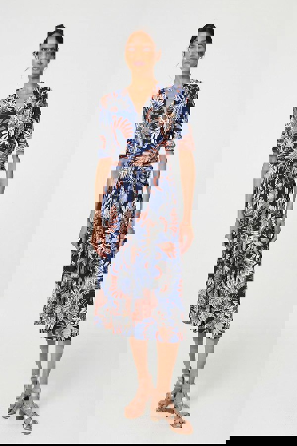 Navy | Tropical Print 1/2 Sleeve Midi Wrap Dress