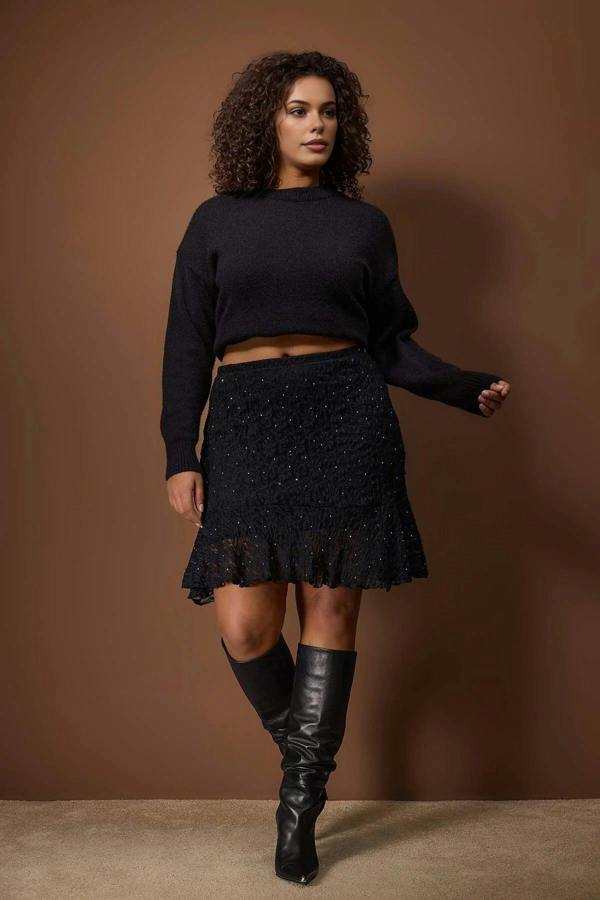 WOVCOR Plus Size Skirt with Ruffled Hem and Knitted Lace