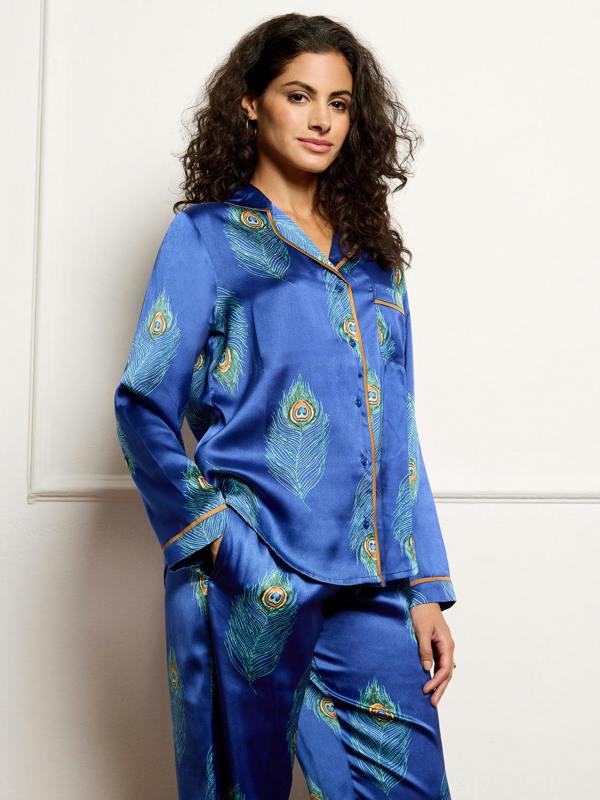 Their Nibs Womens Satin Traditional Pyjamas Navy Peacock Feather