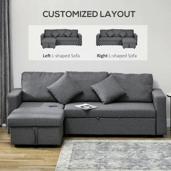 Dark grey 3-seat sectional sofa bed with chaise, showing left and right configurations