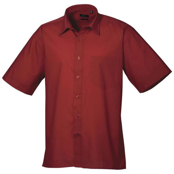 Premier Mens Short Sleeve Formal Poplin Plain Work Shirt - Burgundy