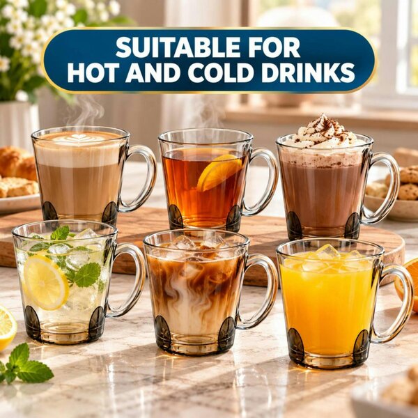 Dyzi 6 Piece 300ml Clear Glass Mug Set Tea Coffee Cups with Handles